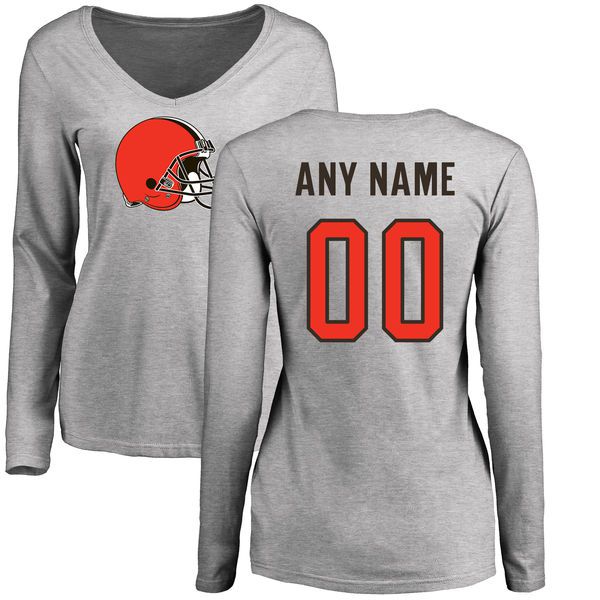 Women Cleveland Browns NFL Pro Line Ash Custom Name and Number Logo Slim Fit Long Sleeve T-Shirt->nfl t-shirts->Sports Accessory